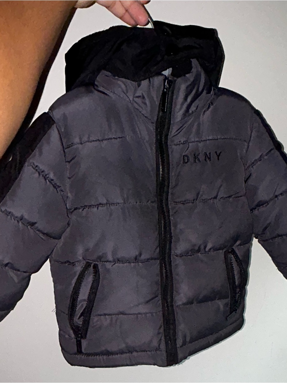 DKNY Kids Gray and Black Hooded Puffer Jacket